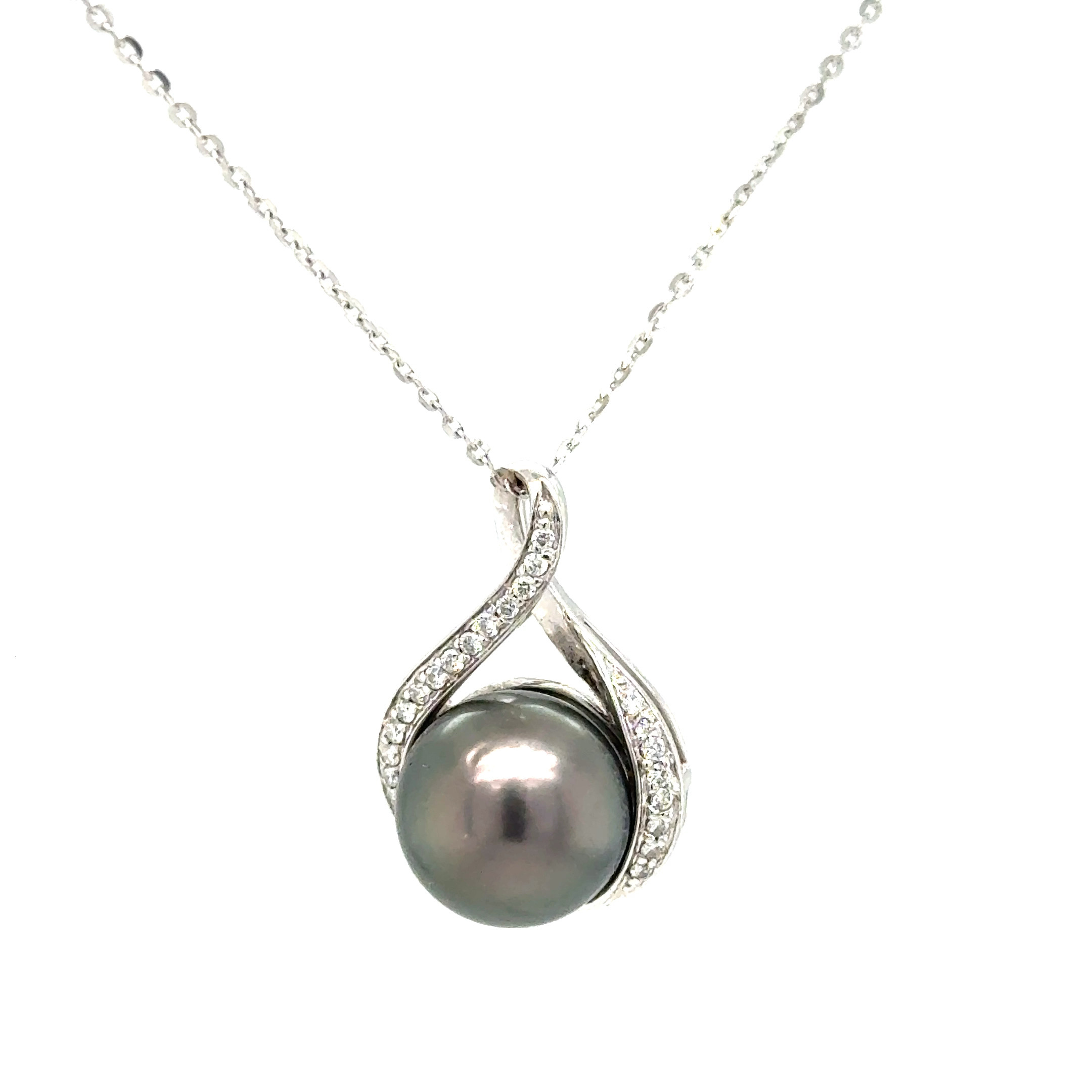 14K White Gold Tahitian Pearl & Diamond Pendant – .11 CTW
