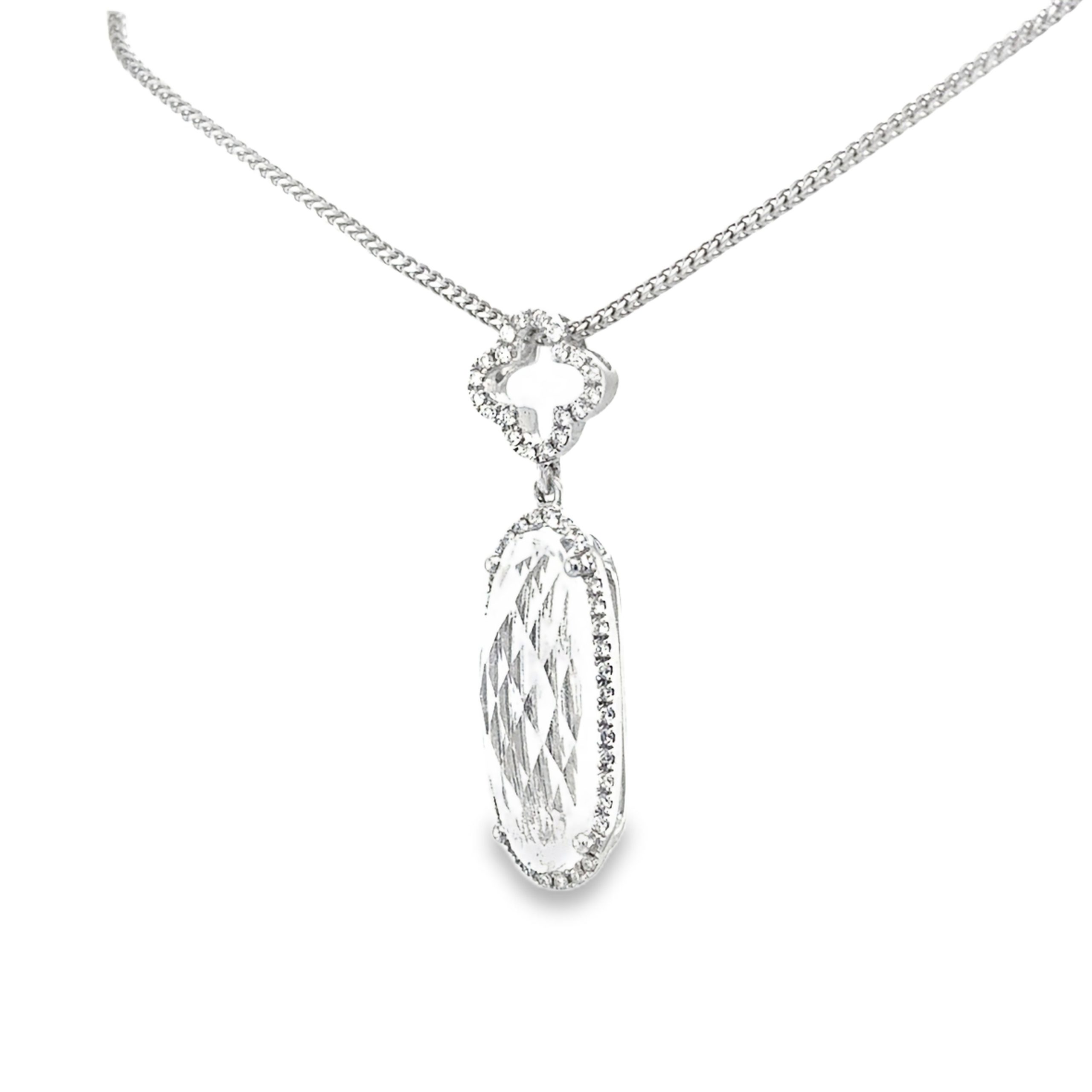 14KWG dia clover bail, Quartz and diamond oval necklace