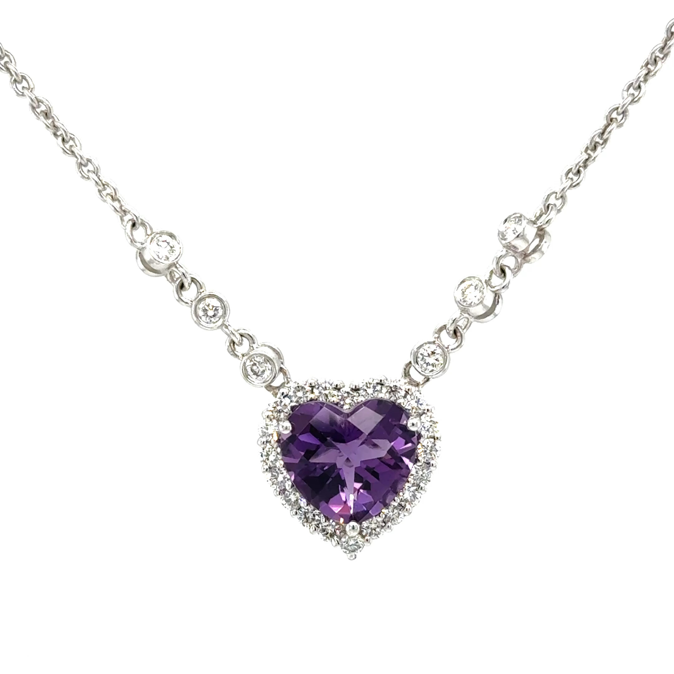14K White Gold Heart Amethyst & Diamond Halo Stationary Pendant – .50 CTW