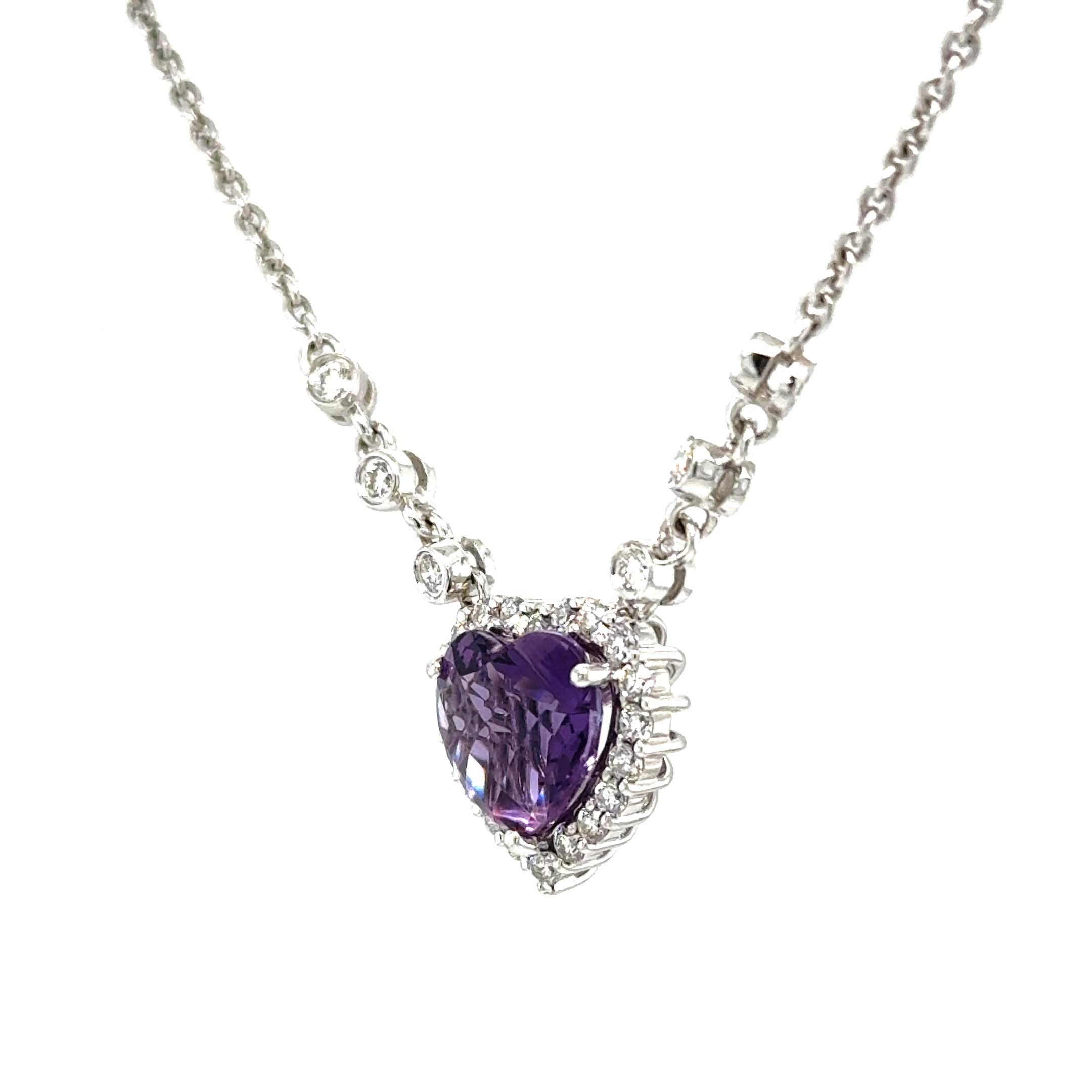14K White Gold Heart Amethyst & Diamond Halo Stationary Pendant – .50 CTW