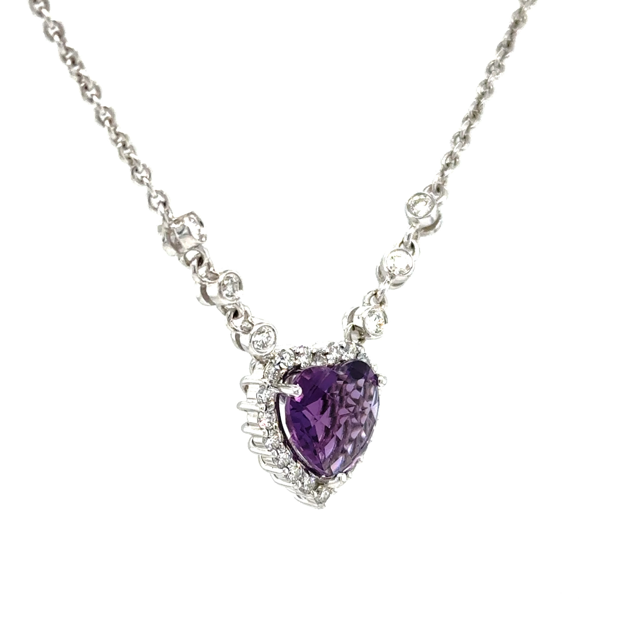 14K White Gold Heart Amethyst & Diamond Halo Stationary Pendant – .50 CTW