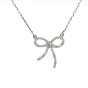 14K White Gold Stationary Diamond Bow Necklace