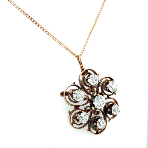 14K Rose Gold Antique 3.80ctw Diamond Pendant/Brooch with Chain