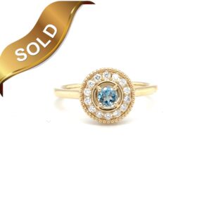 14K Yellow Gold Aquamarine Ring with Diamond Halo Front
