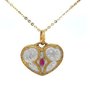 18K 2tone Ruby cab heart necklace